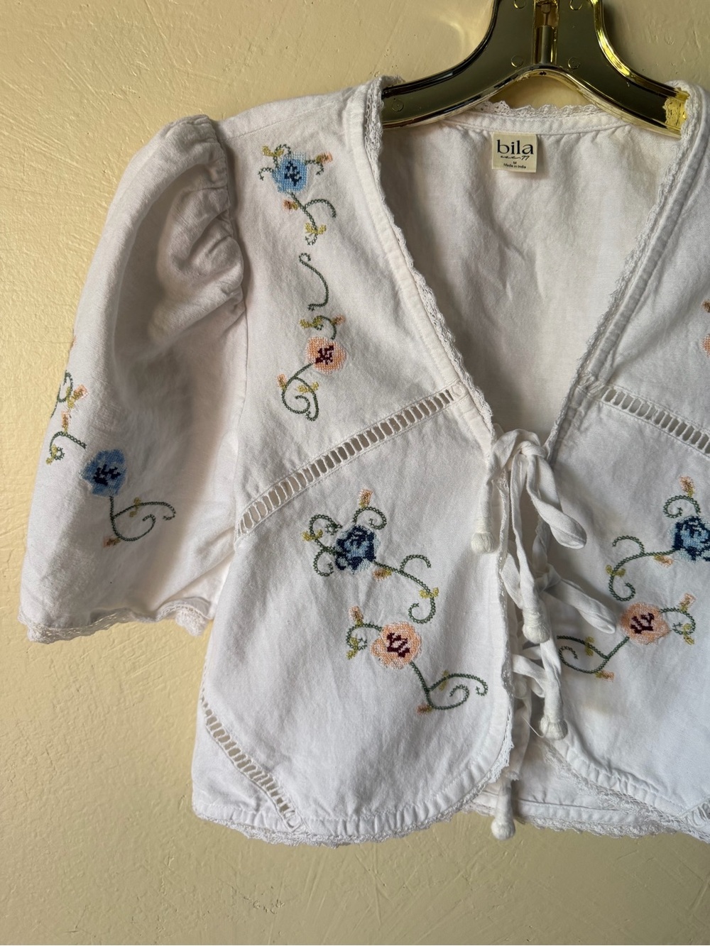 Bila marilla top Cotten rayon linen blend medium embroidered cross-stitch top - Picture 6 of 9